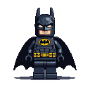 LEGO Batman in dark gray suit with yellow utility belt and bat symbol, black cape, pixelated face, transparent background.