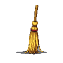 A golden straw broom with a warm brown wooden handle and a crimson band.