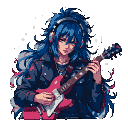 A pixelated musician with flowing blue hair and headphones plays a bright pink electric guitar.