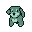 Muscular teal pixelated dog with head tilted, large eyes, and a raised front paw.