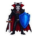 Pixel Art: vampire holding blue shield and dagger
