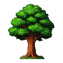 A full-bodied tree with a textured brown trunk and a dense, pixelated green canopy.