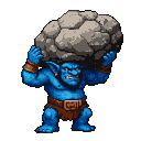 A muscular blue troll with bared teeth strains to hold a massive boulder balanced on its head.