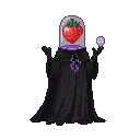 Pixel Art: black wizard in black cape with blass copule instead of head with magic strawberry levitating inside (generated with AI by pixie.haus).