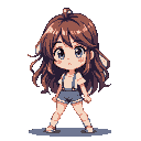 Chibi girl with long brown hair, blue eyes, white t-shirt, and light blue denim overalls and shorts.