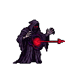 Necromancer with glowing red eyes conjuring a crimson energy bolt from dark magic.