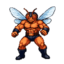 Muscular fly-humanoid fighter in orange wrestling gear, with translucent wings, compound eyes, and antennae, in an aggressive stance.