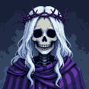 Skeletal figure with white hair, thorny crown, and purple and grey striped cloak.