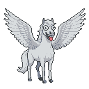 White pegasus with large, wide-set eyes and lolling tongue, wings spread, in a pixelated style.