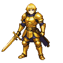 Knight in shining golden armor, holding a golden sword, with blond hair and blue eyes.