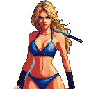 Blonde woman in metallic blue bikini, poised with sword, long blonde hair flowing.
