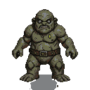 A hulking golem made of rough, moss-green stone, with a menacing scowl, bared teeth, and glowing fiery eyes.
