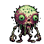 Grotesque creature with a large, bulbous, mottled green and pink head, vacant green eyes, slimy tendrils, and spindly limbs against a black background.