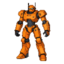 Formidable orange humanoid robot with a blue-eyed visor, detailed segmented armor, on a black background.