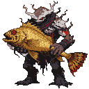 Dark-armored troll with glowing red eyes holding a large, shimmering golden fish with bared teeth and red eyes.