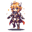 An armored figure with blonde hair and cat ears, wearing golden armor and a crimson cape, floats with scattered light orange and white pixels.