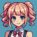 Cheerful anime girl with light pink pigtails, blue eyes, and rosy cheeks, wearing a collared shirt, red bow tie, and dark suspenders.