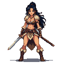 Fierce warrior woman with long dark hair, wearing a brown fur and leather outfit, holding a sword.