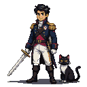 Distinguished gentleman in a Napoleonic-era navy blue military uniform with gold epaulets and crimson vest, holding a gleaming sword, stands beside a sleek black cat with white chest and paws and golden eyes.