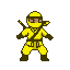 A yellow ninja with a masked face, diagonal sash, and sheathed blade stands ready against a black background.