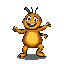 A plump, orange ant with wide eyes and a beaming smile dances with its limbs outstretched.