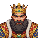 A stern dwarf king with a colossal golden, gem-encrusted crown, wearing a blue robe with gold patterns and white fur trim.