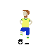 Lone pixelated soccer player in yellow jersey and blue shorts with white ball on black background.