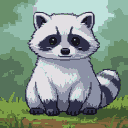 Pixel Art: raccoon，white fur，kind