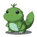 A stout, green Pokémon with large dark eyes, grass shoots on its head, and leaf-like fins, standing in a blurred green grassland.