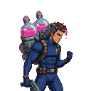 Pixel Art: fighter character with backpack containing 2 huge bottles of...