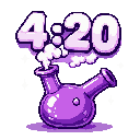 Bright purple bong with white, pink-tinged smoke forming "4:20".