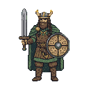 Celtic warrior in horned helmet, green cloak, and patterned tunic, holding a cross-emblazoned shield and a broadsword.