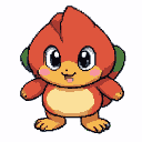 A small, round creature with orange fur and a yellow belly, wide eyes, and its tongue sticking out.