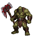 A green-skinned orc berserker with a fierce snarl and tusks, gripping a colossal, double-headed axe stained with red.