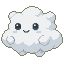 A fluffy, white and grey cloud monster with two large, curious eyes and a small smile.