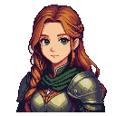 Young woman with auburn hair, green eyes, and ornate armor with metallic pauldrons and a green scarf.