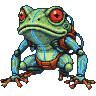 Green frog cyborg boss with glowing blue cybernetic lines, large red pixelated eyes, and gray, blue, and orange metallic armor.