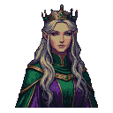 Regal elven queen with silver hair, wearing a green-gemmed crown and ornate emerald and purple robes.