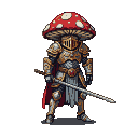 Stoic mushroom knight in ornate golden armor with a red, spotted mushroom cap helmet and a crimson cape, holding a sword.