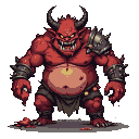 A monstrous demon representing Gluttony, with a bloated maw, serrated bloody teeth, avaricious eyes, and spiked armor.