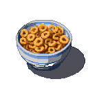 Ceramic bowl with blue stripes filled with golden-brown cereal rings.