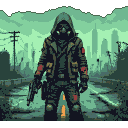 A lone survivor in a hooded jacket and gas mask holds a pistol on an overgrown highway with distant skeletal skyscrapers under a toxic green sky.