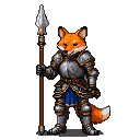 Stoic knight with a fox head, wearing gleaming plate armor with gold trim and a royal blue tunic, holding a long spear.