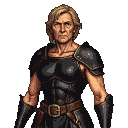 Stern, older female adventurer in dark leather armor, blonde hair swept back, determined gaze.