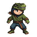 Young fighter in a green hooded tunic and blue trousers wearing a T-Rex mask, poised for action.
