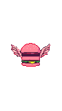 A whimsical pink hamburger with feathered wings in mid-flight against a black background.
