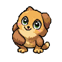 Fluffy golden-brown puppy with large green eyes, rosy cheeks, and one paw raised.