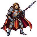 Stoic knight in silver, gold, and crimson plate armor, holding a spear, with a red cape.