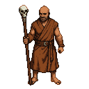 Bald monk with a skull-topped staff, wearing earth-toned robes.