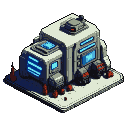 Isometric view of a white and gray futuristic military vehicle station with blue glowing panels. Dark gray vehicles with red accents are parked in front.